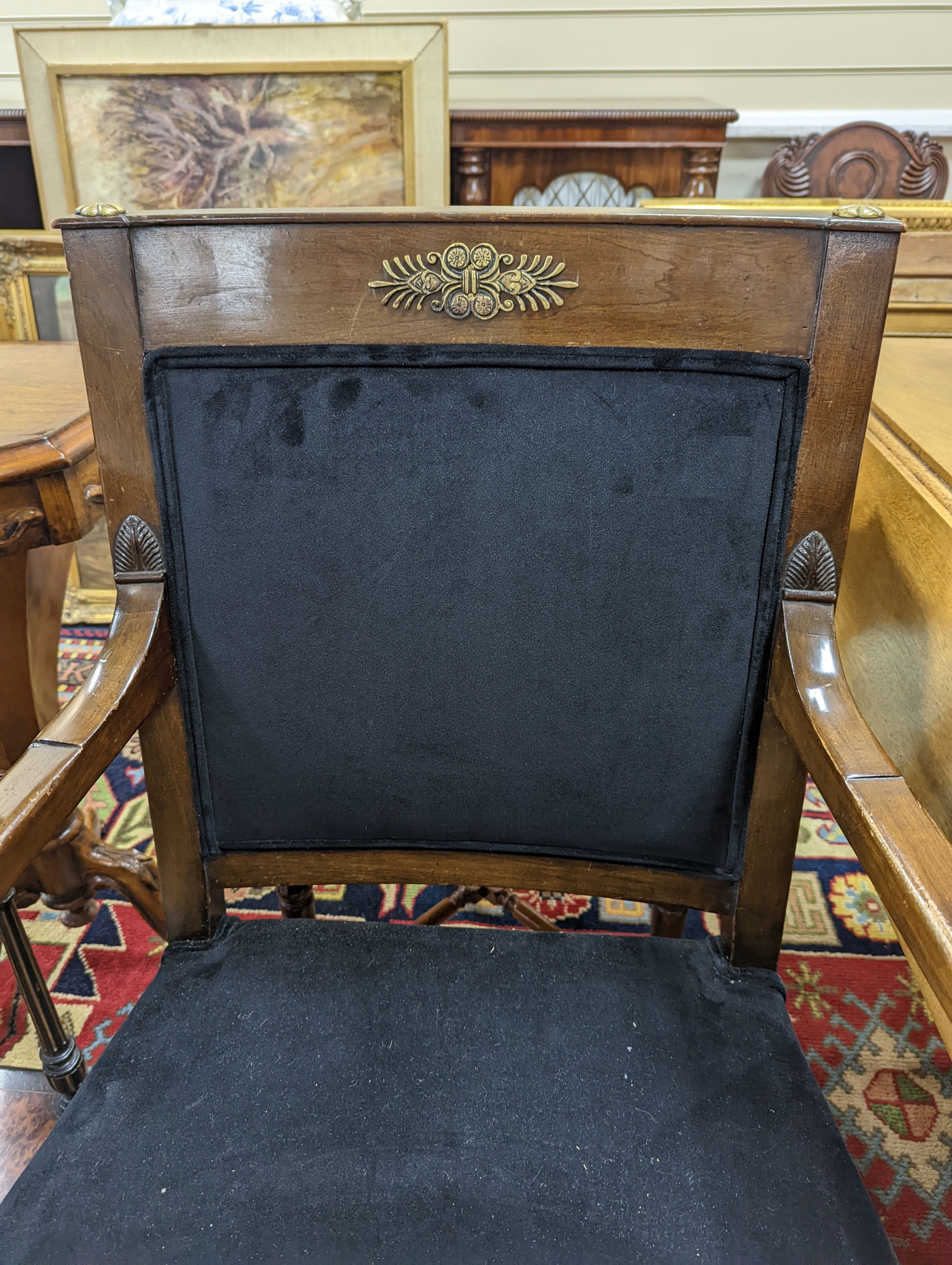 An Empire style gilt metal mounted beech elbow chair together with a late Victorian inlaid corner chair